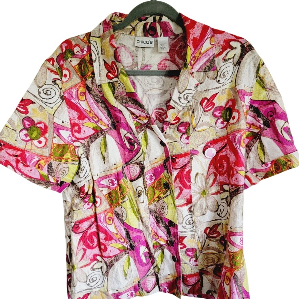 Chico's 2‎ Linen Button Up Shirt Womens Size L Floral Top Short Cuff Slv